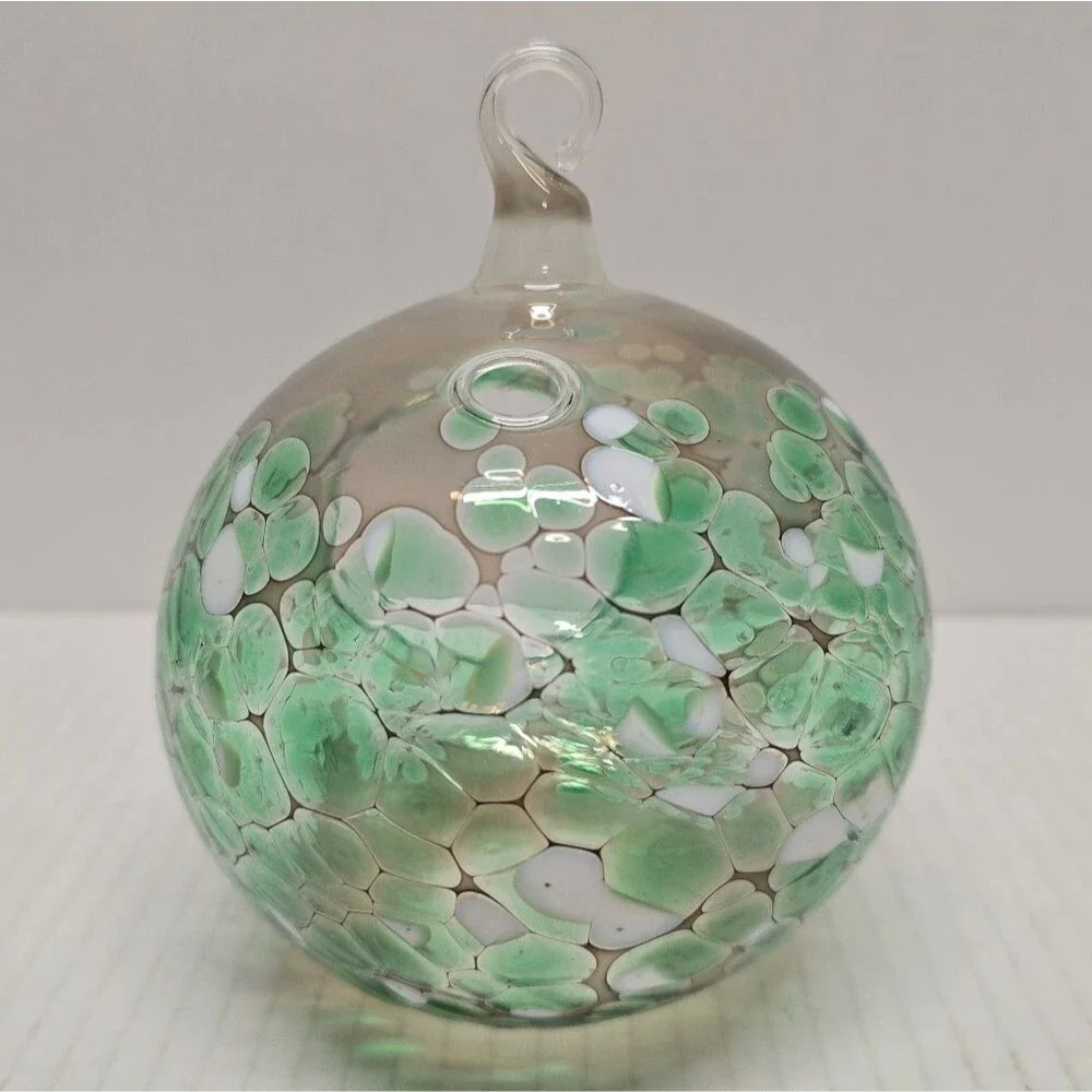 Hand-blown Fused Glass Tea Light Hanging Candle Holder Green/White